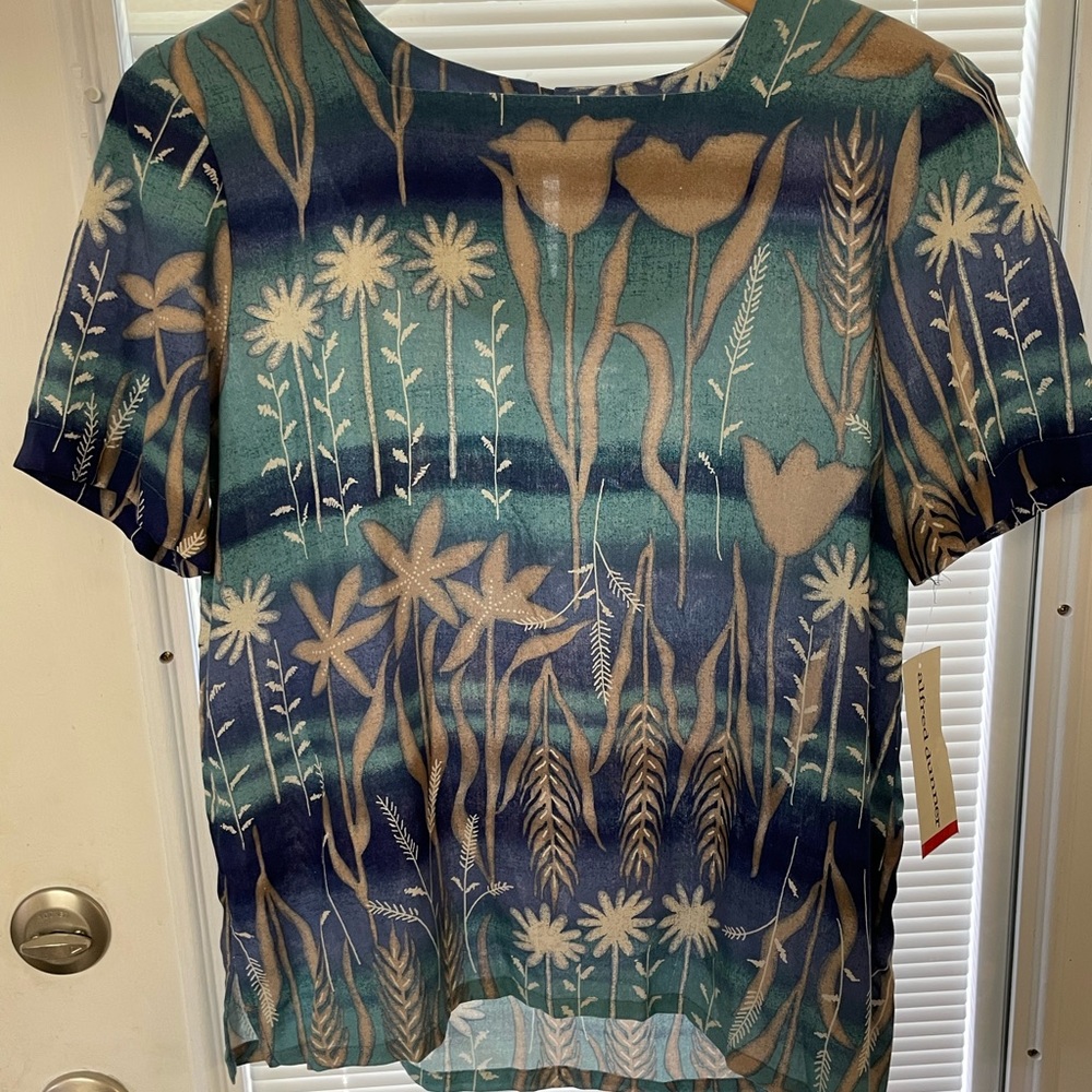 Vintage Deadstock Alfred Dunner Short Sleeve Top Tropical Print Blue Size 8